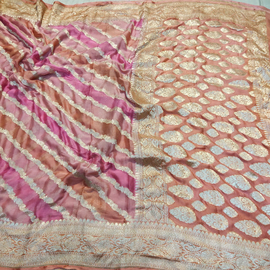 100% Pure Banarasi Khaddi Georgette Saree Full Rangkat Dying Antique Zari Weaved