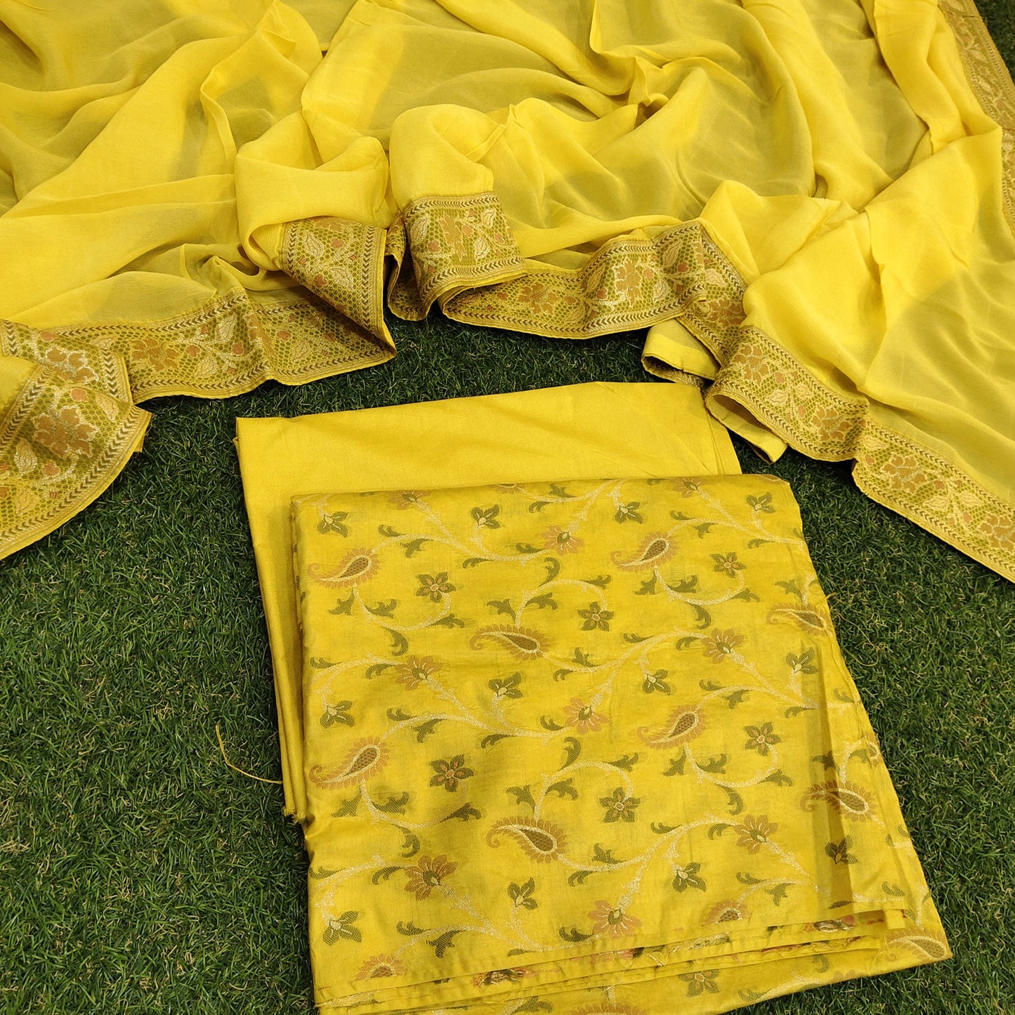 Banarasi Cotton Silk Suit Alfi Zari and Thread Weave Gold Color