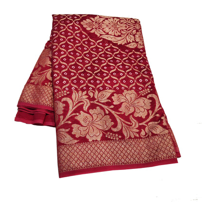 Malmal Cotton Silk Saree Bandhani Work Zari Weaving Radius Pink Color