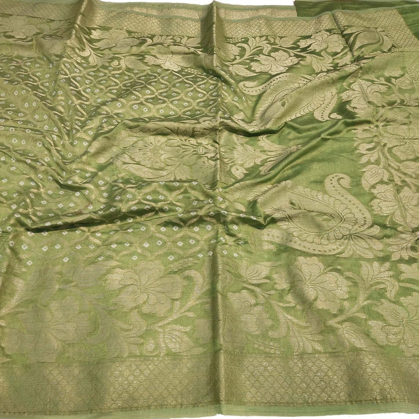 Malmal Cotton Silk Saree Bandhani Work Zari Weaving Pista Green Color