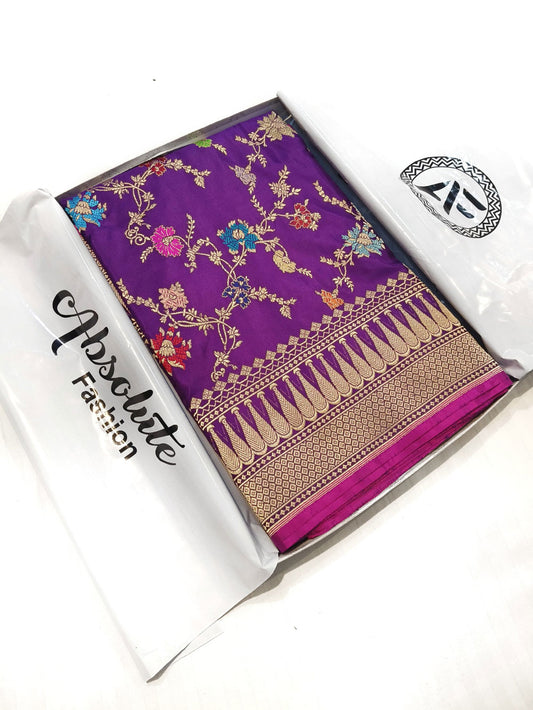 100% Pure Banarasi Saree Double Zari katan Meena Weaving Alfi Work Jaal Design