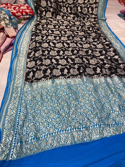 Saree 💯% Pure Banarasi Khaddi Georgette Double Zari (Platinum Zari)Weaving Handloom