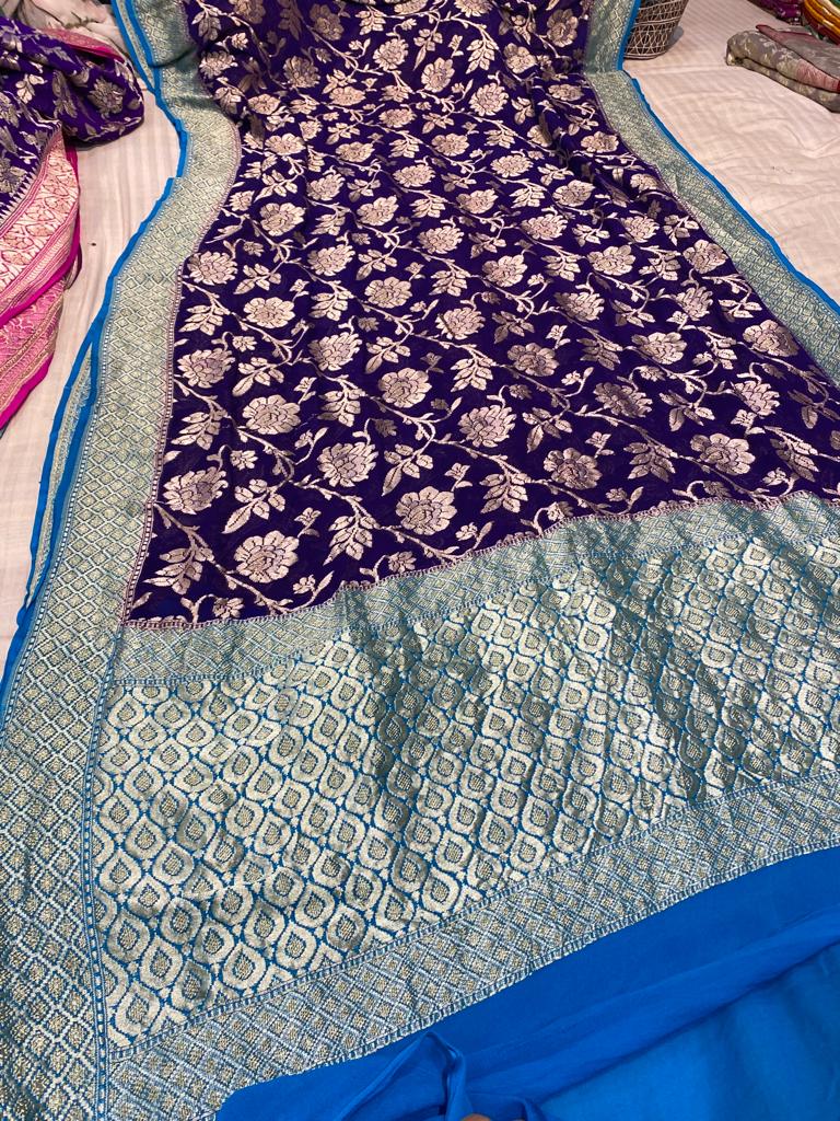 Saree 💯% Pure Banarasi Khaddi Georgette Double Zari (Platinum Zari)Weaving Handloom