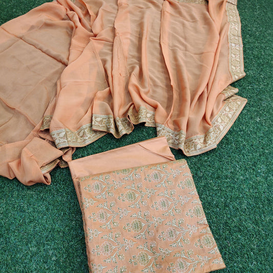 Banarasi Cotton Silk Suit Alfi Zari and Thread Weave Peach Color