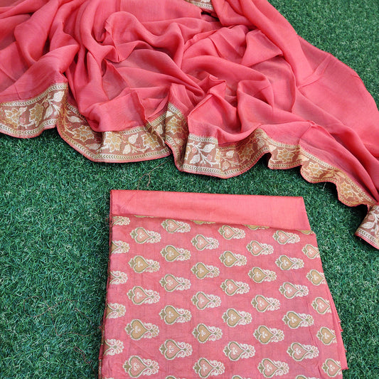 Banarasi Cotton Silk Suit Alfi Zari and Thread Weave Gazri Pink Color