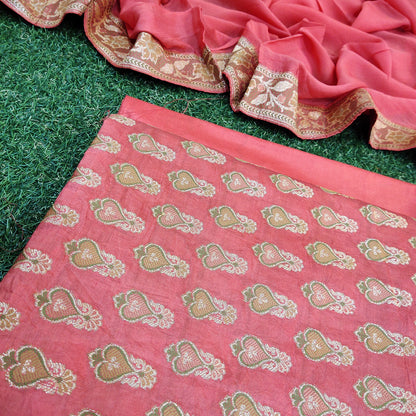 Banarasi Cotton Silk Suit Alfi Zari and Thread Weave Gazri Pink Color