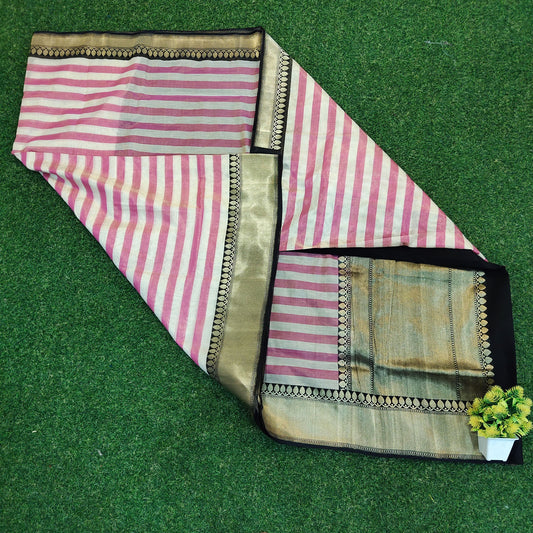 Banarasi Handloom Weaving Katan Tissue Silk Black Border Multi Rani Pink Saree
