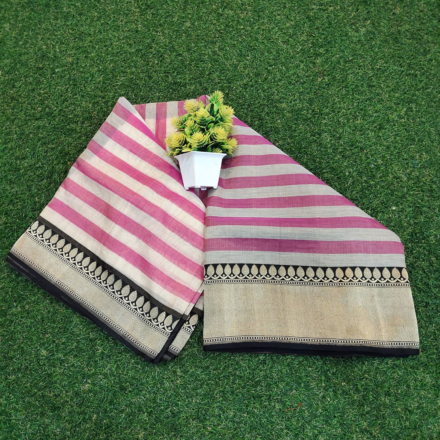 Banarasi Handloom Weaving Katan Tissue Silk Black Border Multi Rani Pink Saree