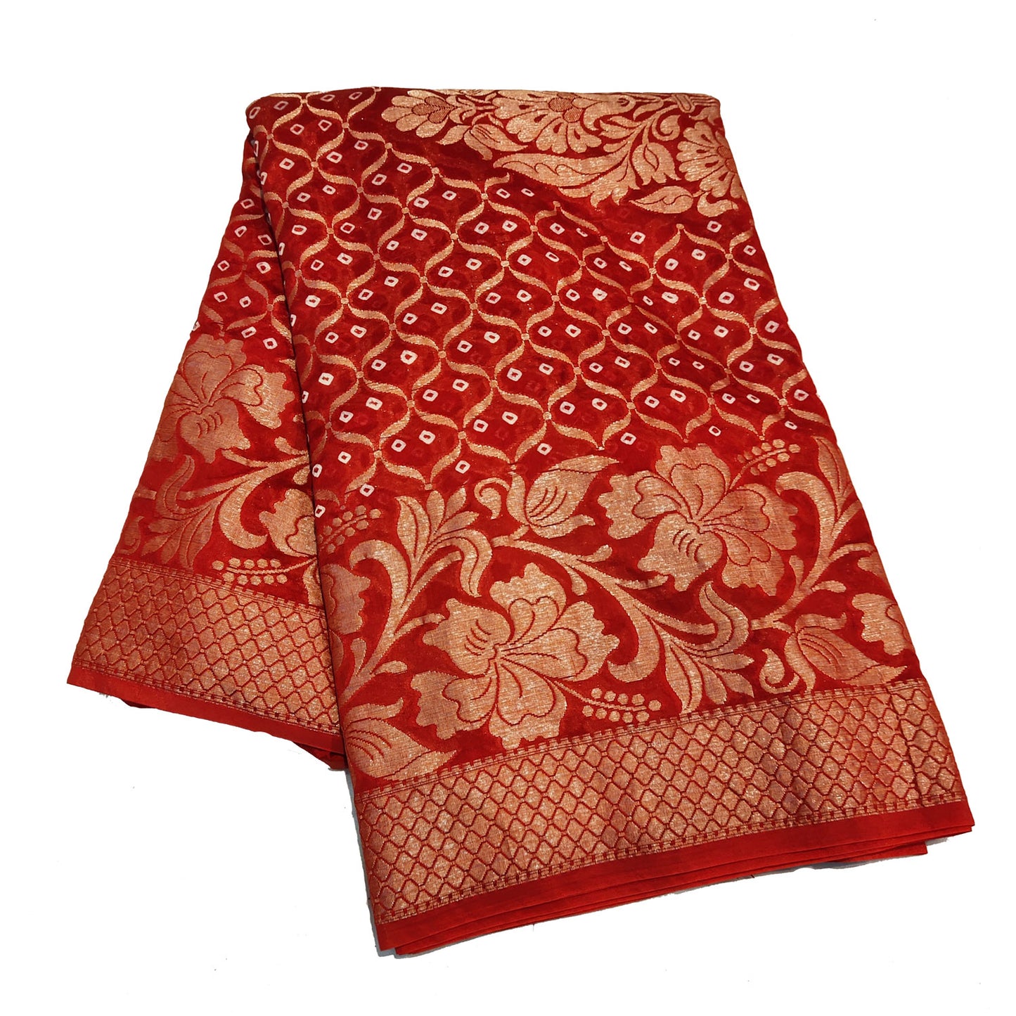 Malmal Cotton Silk Saree Bandhani Work Zari Weaving Rust Orange Color