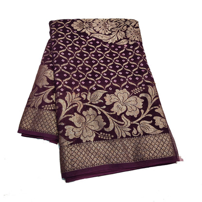Malmal Cotton Silk Saree Bandhani Work Zari Weaving Magenta Color