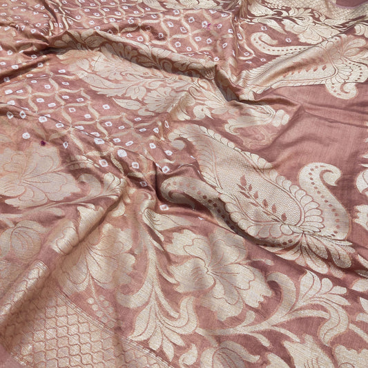 Malmal Cotton Silk Saree Bandhani Work Zari Weaving Brown Color