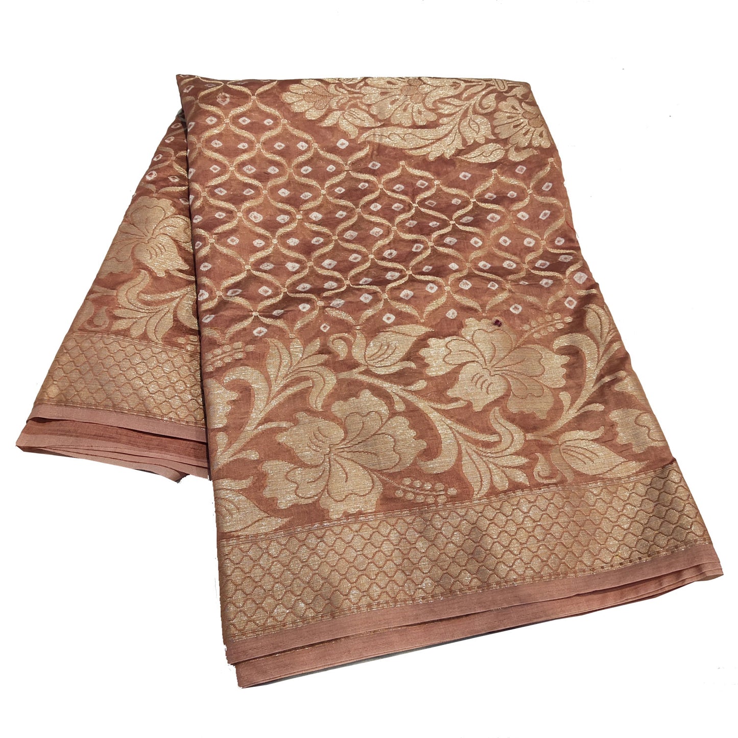 Malmal Cotton Silk Saree Bandhani Work Zari Weaving Brown Color