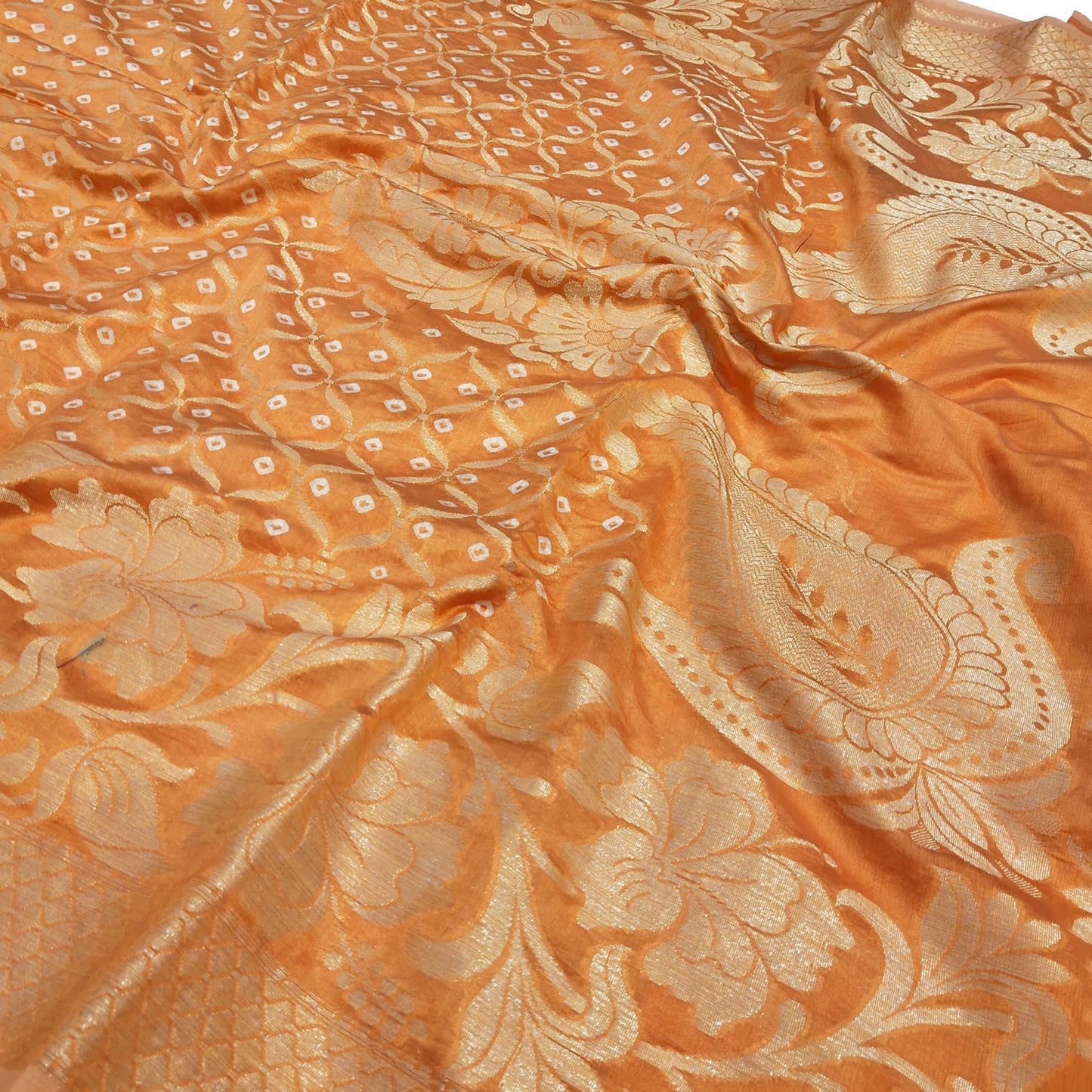 Malmal Cotton Silk Saree Bandhani Work Zari Weaving Orange Color