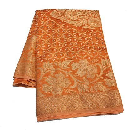 Malmal Cotton Silk Saree Bandhani Work Zari Weaving Orange Color