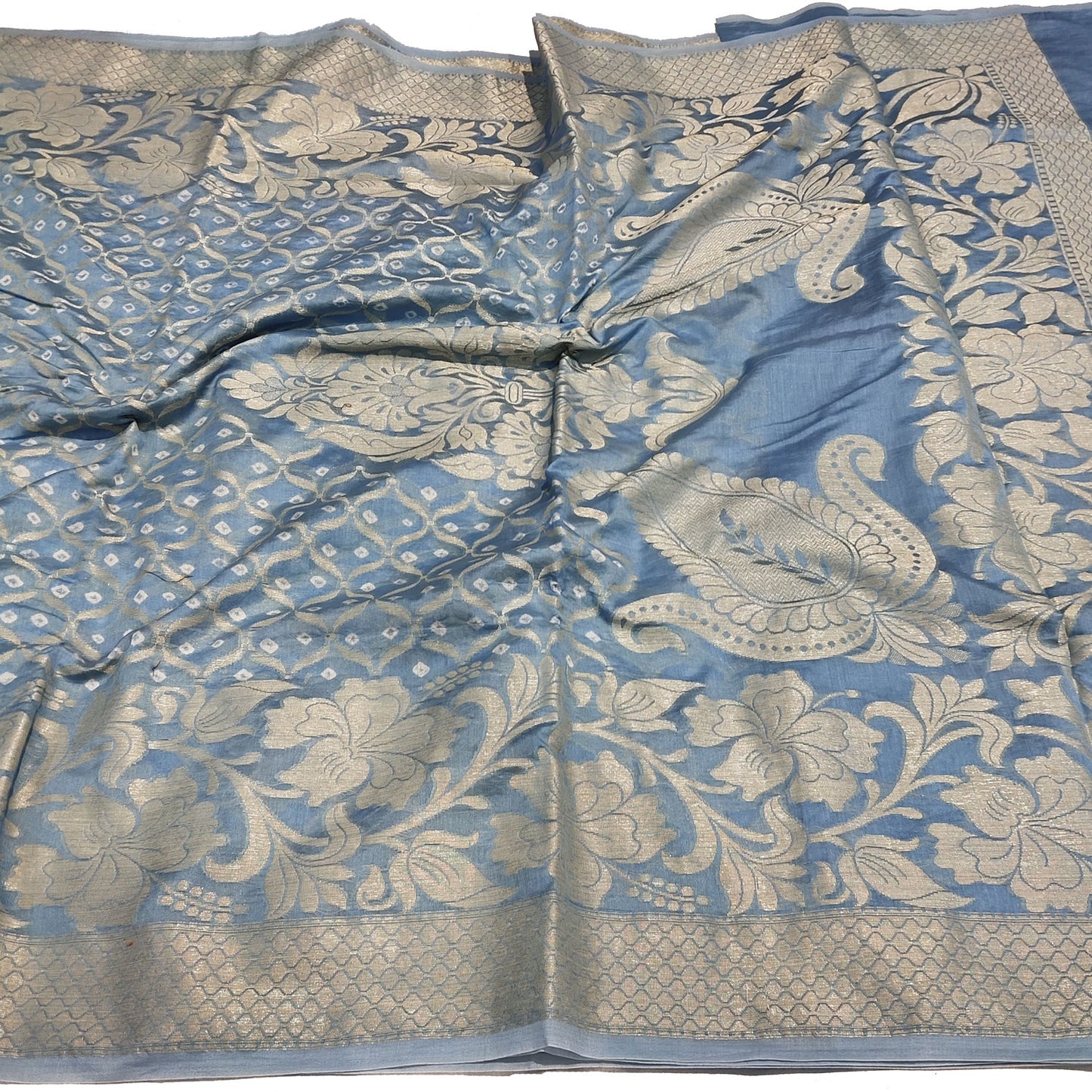 Malmal Cotton Silk Saree Bandhani Work Zari Weaving Sky Blue Color