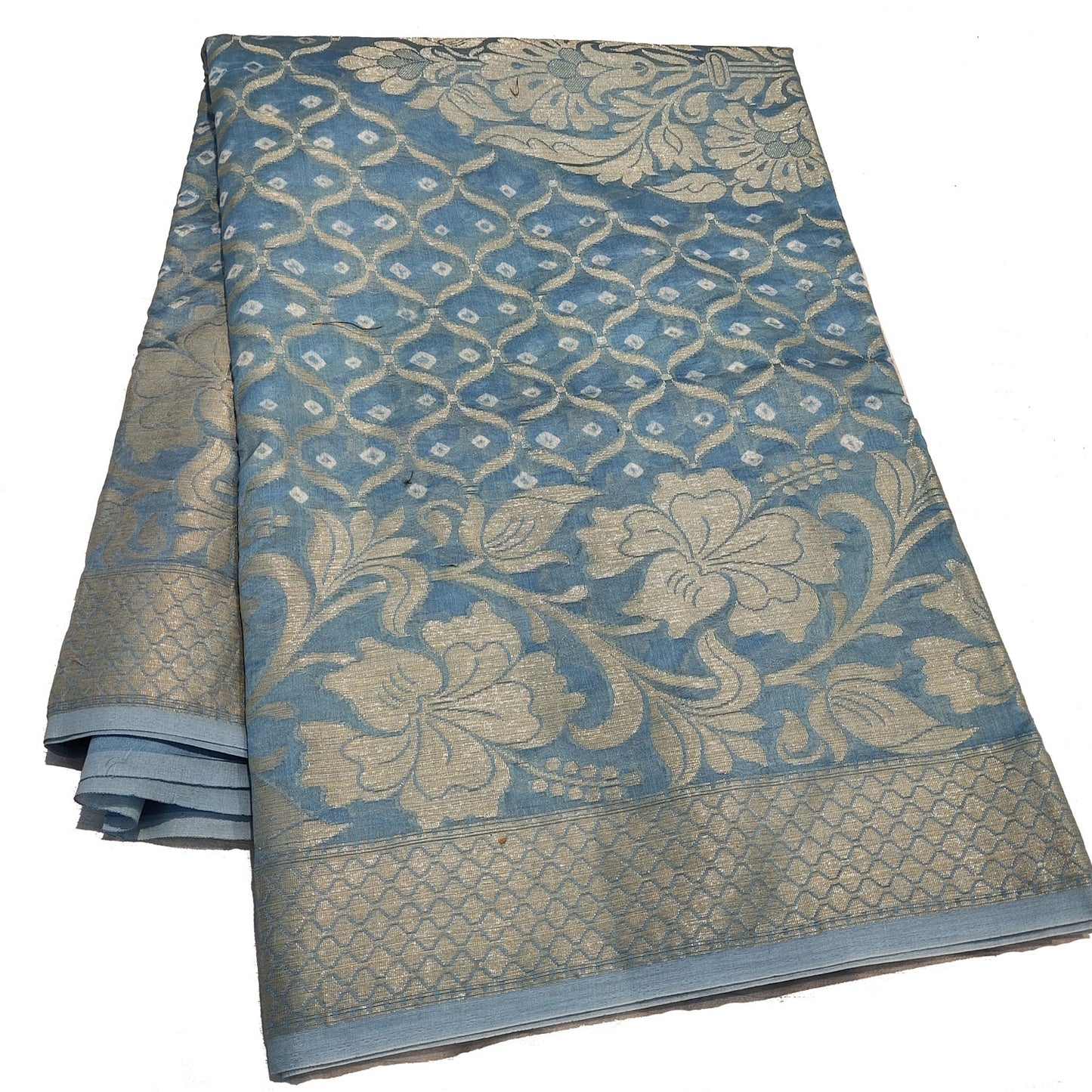 Malmal Cotton Silk Saree Bandhani Work Zari Weaving Sky Blue Color