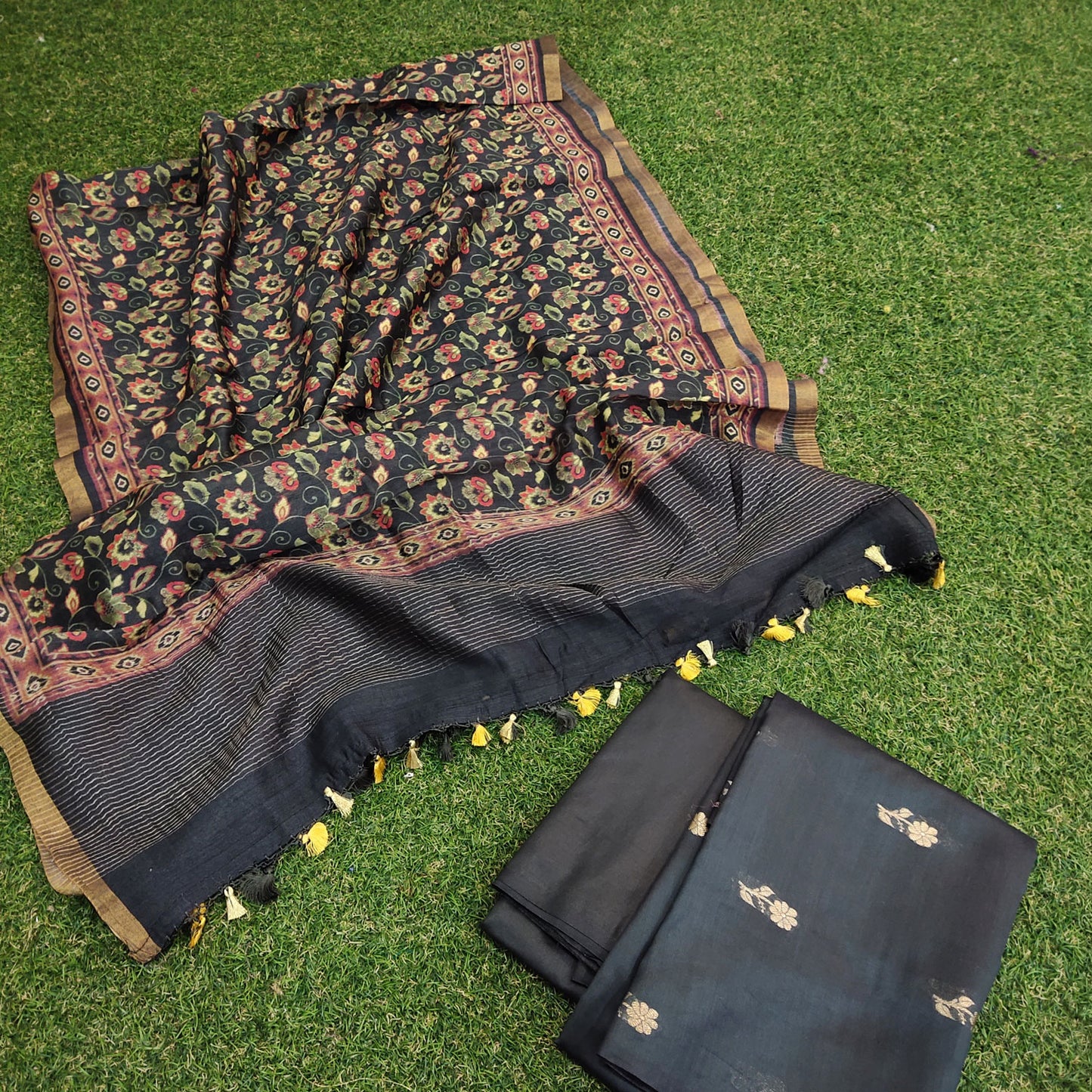 Pure Chendari Cotton Munga Suit with Dupatta Dark Grey Color