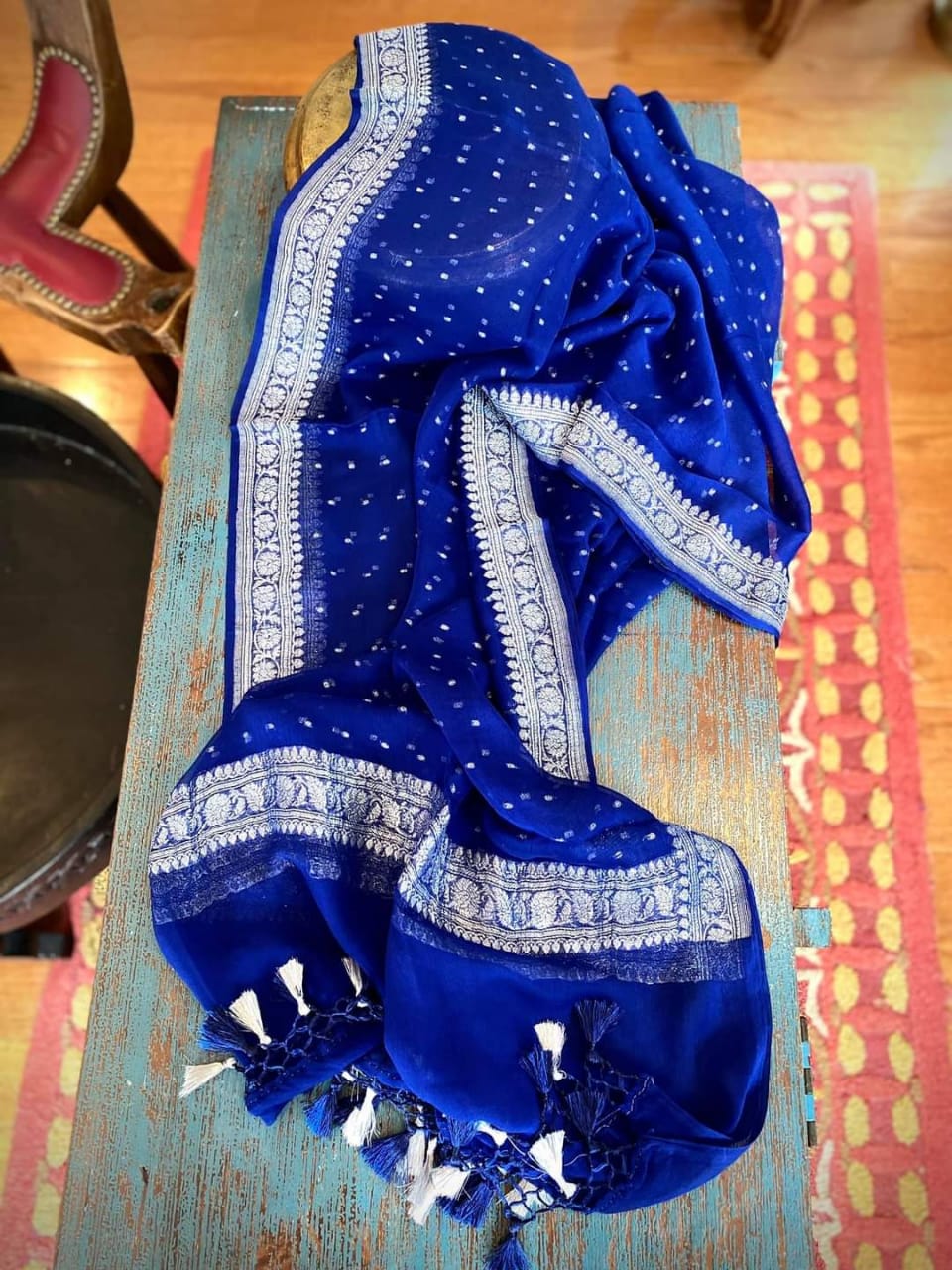 Banarasi Handloom Khaddi Chiffon Silver Buti Dupatta Royal Blue