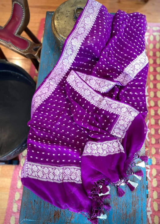 Banarasi Handloom Khaddi Chiffon Silver Buti Dupatta Purple