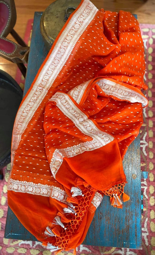 Banarasi Handloom Khaddi Chiffon Silver Buti Dupatta Orange