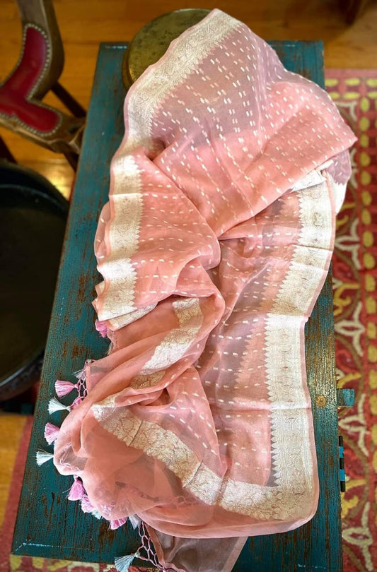 Banarasi Handloom Khaddi Chiffon Silver Buti Dupatta Baby Pink