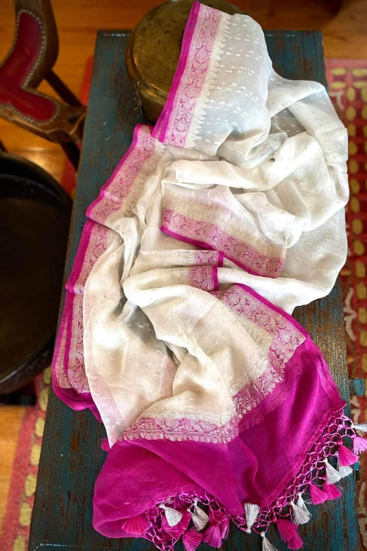 Banarasi Handloom Khaddi Chiffon Silver Buti Dupatta White and Magenta