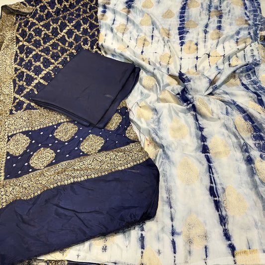 Summer Silk Suit Shibori Dye With Bandhani Dupatta Threepis Color Neavy Blue
