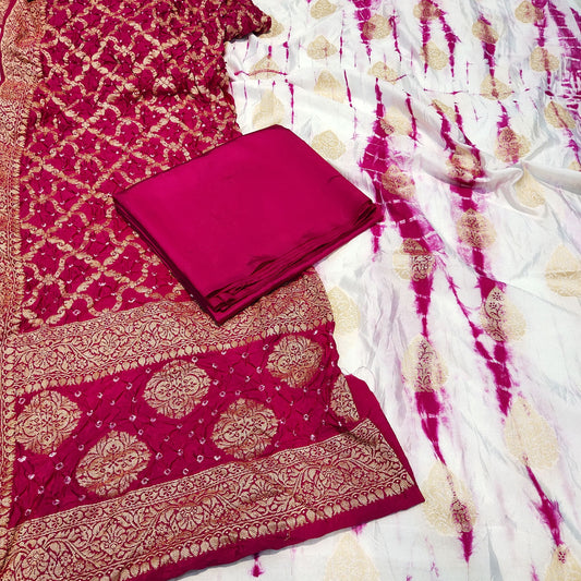 Summer Silk Suit Shibori Dye With Bandhani Dupatta Threepis Maroon Color
