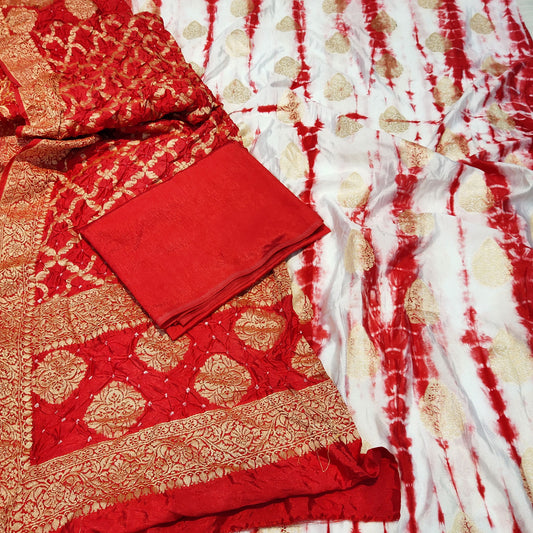 Summer Silk Suit Shibori Dye With Bandhani Dupatta Threepis Red Color