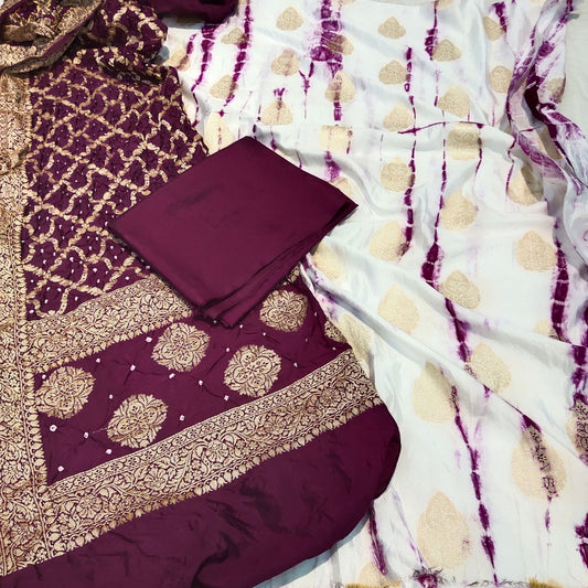 Summer Silk Suit Shibori Dye With Bandhani Dupatta Threepis Magenta Color