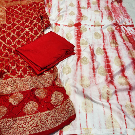 Summer Silk Suit Shibori Dye With Bandhani Dupatta Threepis Color Rust